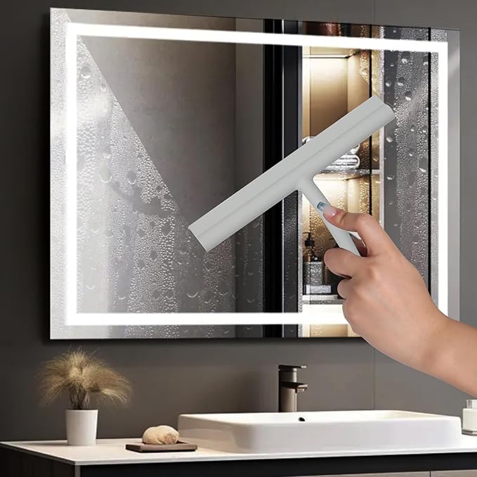 Shower Squeegee for Glass Doors, Full Silicone Jacketed Squeegee with Ergonomic Handle & No-Drill Hook, Cleaning Tool for Windows, Mirrors, Tiles, Bathroom & Car - Grey