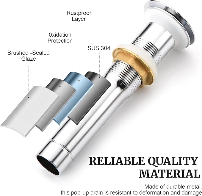 Pop up Sink Drain Stopper for Bathroom Vessel Vanity Sink Art Basin Chrome, Big Cap Without Overflow, Metal Pop-up Drain Strainer with Detachable Basket Stopper