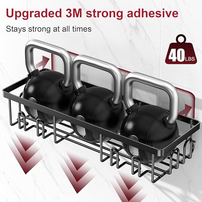 Adhesive Shower Caddy, Shower Shelves with 16 Hooks, Rustproof Shelf Wall Corner Racks for Inside Bath, No Drilling & Sleek Bathroom Organizers and Storage Caddies Soap Holder, 2 Pack