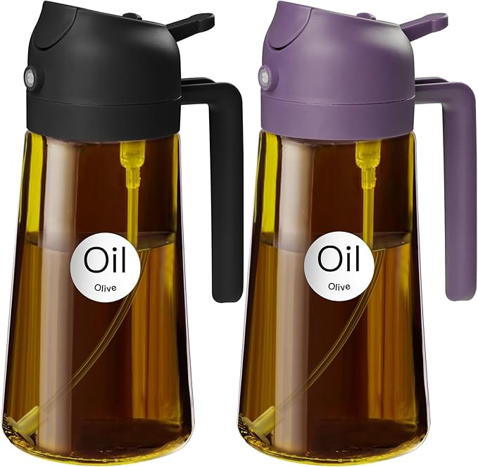 YARRAMATE 2Pcs 16oz/470ml Dark Brown Oil Sprayer for Cooking with Stickers, Food-grade Premium 2 in 1 Olive Oil Dispenser Bottle for Kitchen Gadgets, Air Fryer, Salad, Frying, BBQ (Black&Purple)