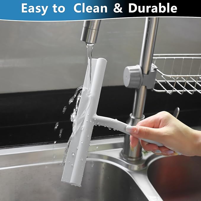 Shower Squeegee for Glass Doors, Full Silicone Jacketed Squeegee with Ergonomic Handle & No-Drill Hook, Cleaning Tool for Windows, Mirrors, Tiles, Bathroom & Car - Grey