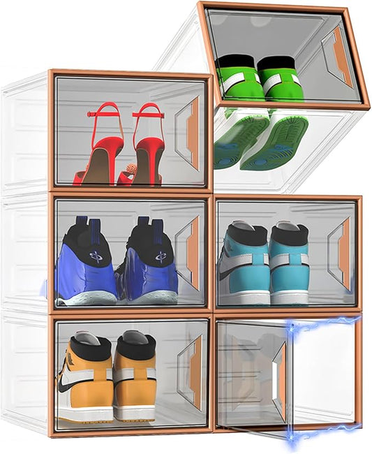 X-Large Stackable Shoe Boxes - Clear Plastic Shoe Storage Boxes with Magnetic Door, Thicken Shoe Organizer for Closet, Space Saving Foldable Shoe Containers Bins for Sneaker Boot - 6 Pack(Brown)