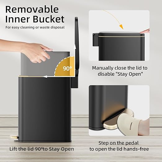 KUK Slim Bathroom Trash Can with Lid, 1.6 Gal / 6L Stainless Steel Small Garbage Bin with Detachable Inner Bucket, Step Pedal, Silent Close, Wastebasket for Toilet, Bedroom, Home, Office (Black)