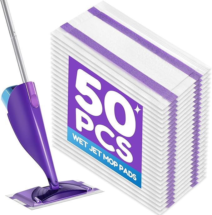 50 Count Disposable WetJet Pads Refills Compatible with Swiffer WetJet Spray Mop, Multi Surface Dry Mop Pads for Hardwood Floor Cleaning, Unscented