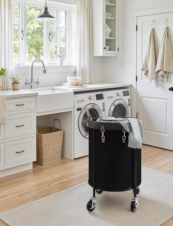 StorageWorks 110L Rolling Laundry Basket, Clothes Hamper with Wheels, Round Clothing Cart with Steel Frame and Removable Bag, 4 Casters and 2 Brakes, Black, 1-Pack