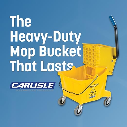 Carlisle FoodService Products 26-Quart Commercial Mop Bucket with Side-Press Wringer, Precision-Molded Polypropylene, Durable Wringer, Bucket with Non-Marking Casters, 18.5 x 16.5 x 23 Inches, Yellow