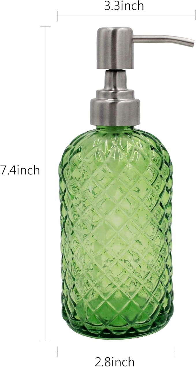 16 Oz Soap Dispenser with 304 Rustproof Stainless Steel Pump, Kitchen, Bathroom Soap Dispenser， Refillable Liquid Glass Soap Dispenser for Hand Soap, Soap, Lotion. (Green)