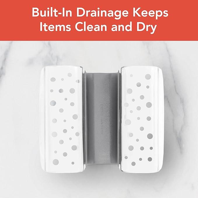 Spectrum Sink Saddle for Kitchen Sink Gray White Sponge and Brush Holder Organizer, Dish Brush and Sponges Plastic Saddle Caddy for Double Sink Storage with Drain Holes for Quick Drying Organization