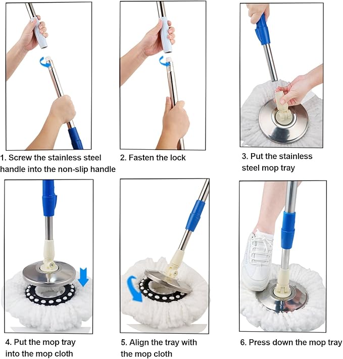 Spin Mop and Bucket with Wringer Set, 360° Spinning Mop Bucket System with 3 Microfiber Mop Replacement Heads and 61" Stainless Steel Adjustable Handle for Floor Cleaning (20QT)