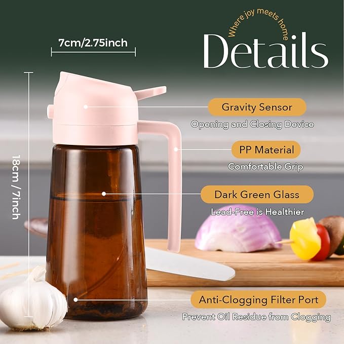 YARRAMATE 16oz/470ml Light Blocking Oil Sprayer for Cooking with Stickers, Food-Grade 2 in 1 Olive Oil Dispenser Bottle for Kitchen, Premium Dark Amber Glass Oil Bottle for Air Fryer, BBQ (PeachPink)