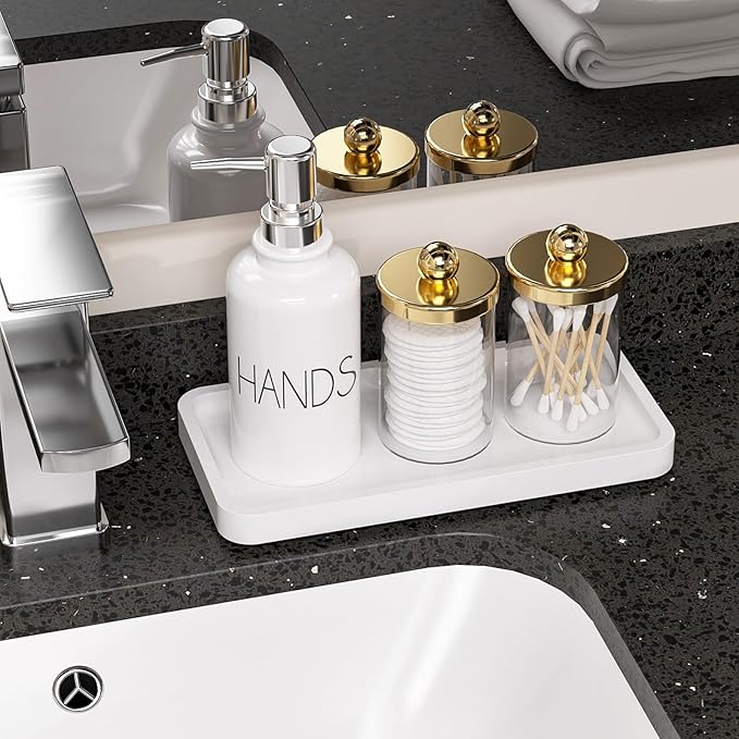 Weenson Small Bathroom Vanity Tray for Countertop Makeup Perfume Jewelry Decor Candle Keys, Bamboo Kitchen Tray for Soap Dispenser Spice, Small White Toilet Tray for Sink7.9 L x 4" W x 0.79" H