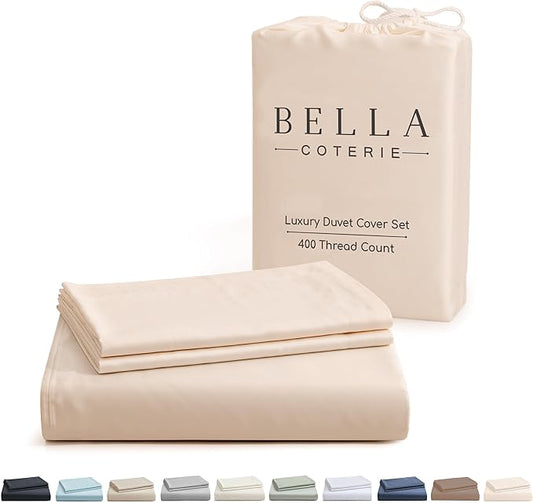 Bella Coterie Luxury Bamboo Viscose Queen Size Duvet Cover Set | 100% Organically Grown | Corner Ties | Ultra Soft | Cooling | Two Pillow Shams | 90 x 94 | No Insert [Champagne]