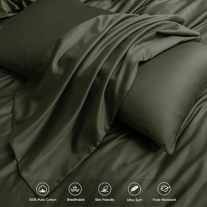 MooMee Duvet Cover Set 100% Extra Long Staple Cotton 600 Thread Count Silky Sateen Smooth Luxury Soft Breathable Durable Hotel Quality Bedding, 3 Pieces (Olive Green, King 104"x90")