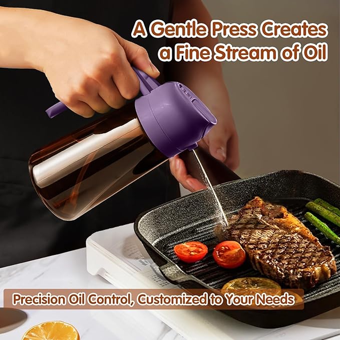 YARRAMATE 2Pcs 16oz/470ml Dark Brown Oil Sprayer for Cooking with Stickers, Food-grade Premium 2 in 1 Olive Oil Dispenser Bottle for Kitchen Gadgets, Air Fryer, Salad, Frying, BBQ (Black&Purple)