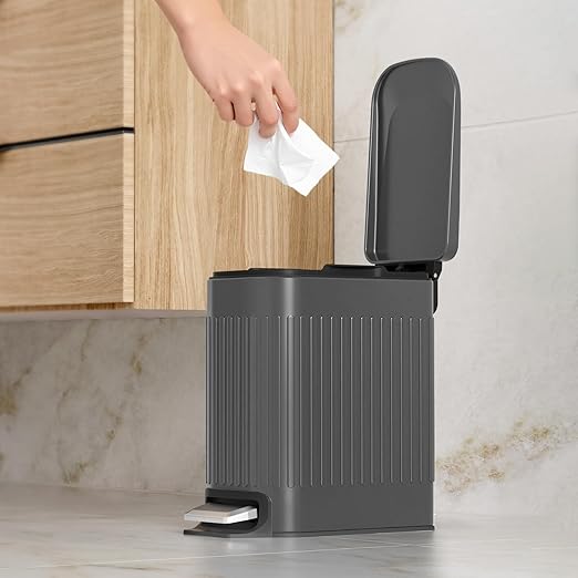 TrashAid Small 1.6 Gallon Stainless Steel Trash Can with Removable Inner Bucket, Grey, Hands Free Step Pedal Design