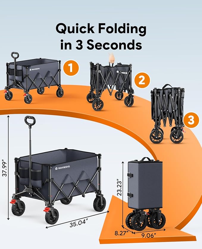 Wagons Carts Foldable, Collapsible Foldable Wagon 330lbs Capacity, 180L Large Capacity Wagon with All-Terrain Wheels,Heavy Duty Utility Wagon Cart with Brakes for Beach Camping Shopping, Grey