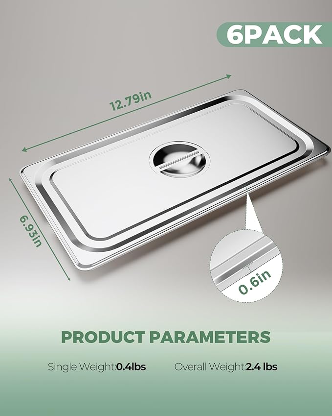 WantJoin Steam Table Hotel Pan Lids - 6 Pack 1/1 1/2 1/3 Full Half Third Size Notched Slotted Cover with Handle for Stainless Steel Metal Tray Set Food Storage Container Commercial Restaurant Warmer