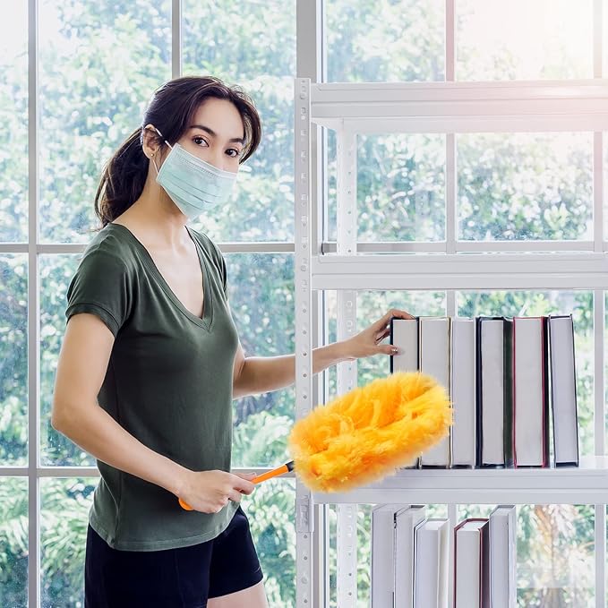 Vesici 150 Pcs Duster Refills Compatible with Swiffer Dusters Bulk Disposable Replacement Thickened with 1 Handle Heavy Duty for Cleaning, Office (Yellow,Blue,Orange,Purple)