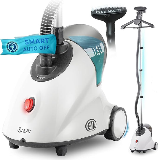 SALAV GS18-DJ Standing Garment Steamer with Smart Auto-Off, Wheels for Easy Movement, 1.8L Water Tank for 1hr Continuous Steaming, Adjustable Pole for Storage, with Descaler Packet, 1500 watts