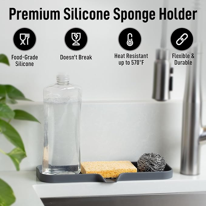 Zulay Kitchen Large Silicone Sponge Holder (12x4) – Flexible Sink Organizer Tray for Kitchen & Bathroom – Multipurpose Soap Dish for Sponges, Makeup, Trinkets & More (Grey)