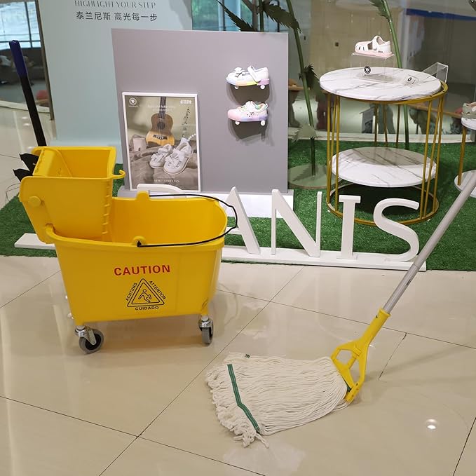 Commercial Mop Bucket with Side Press Wringer on Wheels, 35Qt,Yellow Including One Commercial Mop