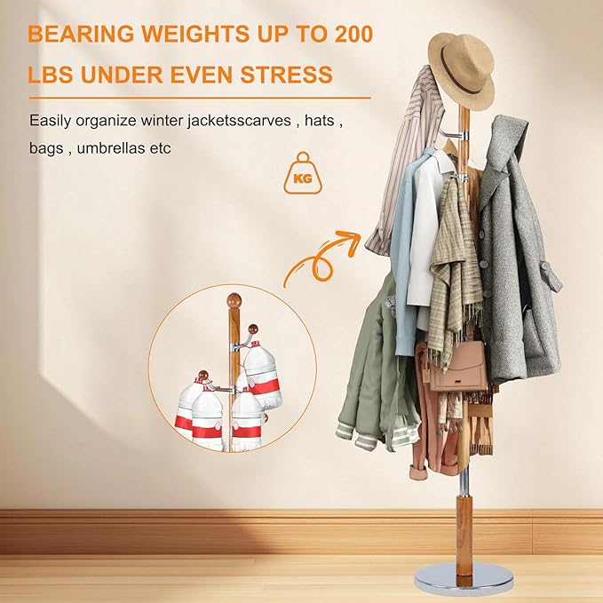 Wooden Coat Rack Stand, 72" Birch Coat Rack Freestanding, Adjustable Height, Coat Tree for Home Bedroom Office Hallway Entryway (Yellow swivel hook)