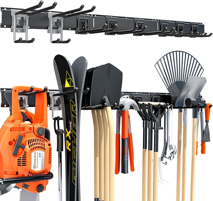 48-Inch Heavy Duty Garage Tool Organizer, Wall Mount Storage System with Adjustable Metal Hooks, 440lbs Capacity, Ideal for Garden Tools, Shovels, Rakes, Brooms, Ladders (48‘’ Metal Hooks)