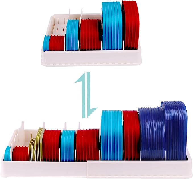 SWOMMOLY Expandable Food Storage Container Lid Organizer, Includes 8 Adjustable Dividers, 30 Preprinted and Blank Writable Labels, Extra Large