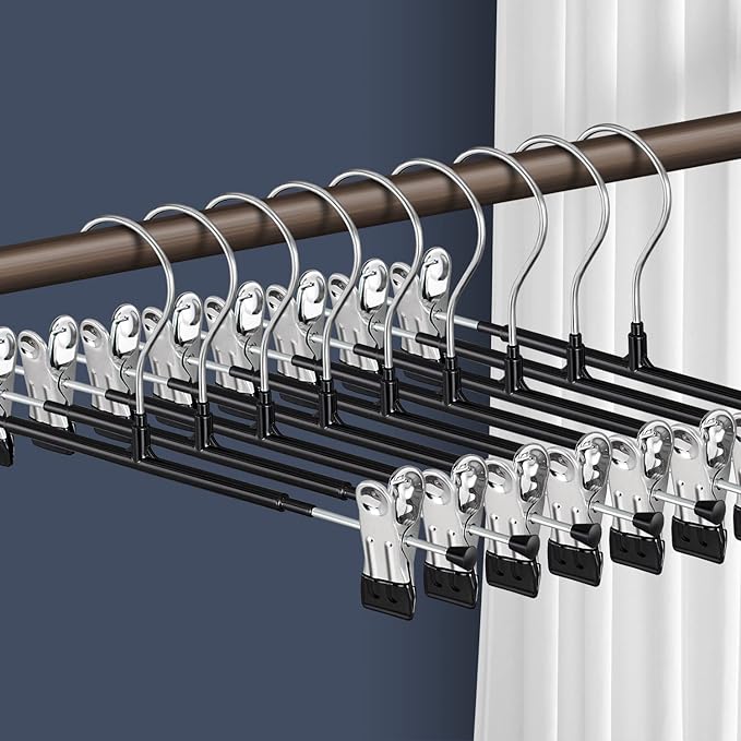 Pants Hangers with Clips 10 Pack Adjustable Skirt Hangers for Women Non-Slip Trousers Hanger for Jeans Clothes Hangers for Pants Heavy Duty Space Saving Shorts Hangers,Black,12Inch
