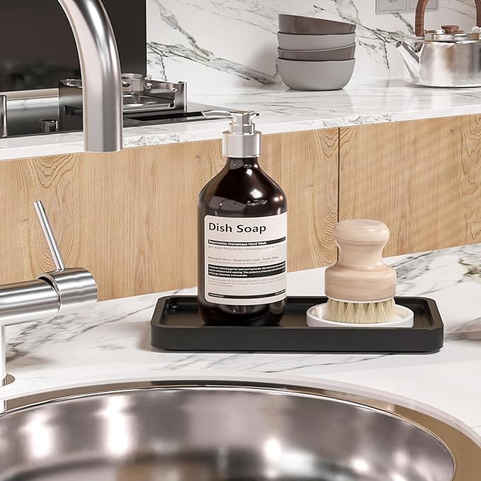 Weenson Small Bathroom Vanity Tray for Countertop Makeup Perfume Jewelry Decor Candle Keys, Small Black Kitchen Tray for Soap Dispenser Spice Bamboo Toilet Tray 7.9" L x 4" W x 0.79" H