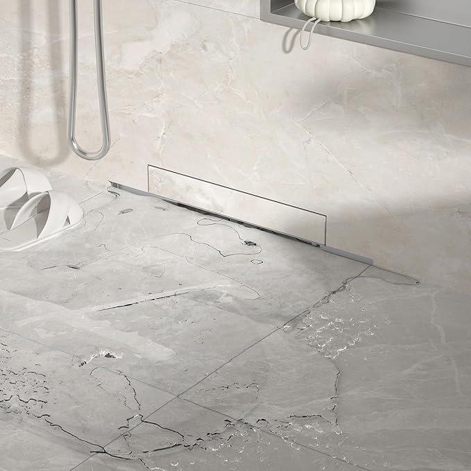 Linear Wall Drain 18’’, 304 Stainless Steel Side Drain w/Tiled Grate & Hair Strainer, Brushed Tiled Shower Drain for Bathroom, CUPC Certified