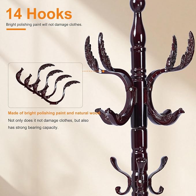 Wooden Coat Rack Stand, 72" Birch Coat Rack Freestanding, Adjustable Height, Coat Tree for Home Bedroom Office Hallway Entryway (Phoenix wooden hook)