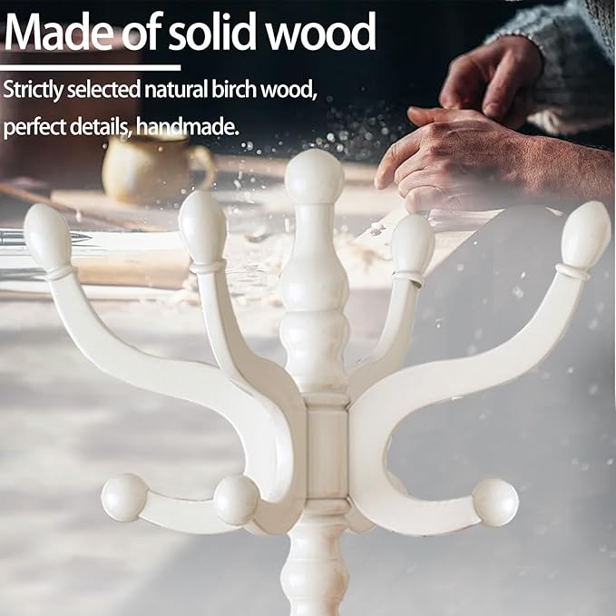 Wood Coat Rack, Heavy Duty Coat Rack Freestanding with 11 Smooth Hooks, Vintage Coat Tree, Clothes Hanger Stand with Stable Disc Base for Entryway, Bedroom (Ivory White)