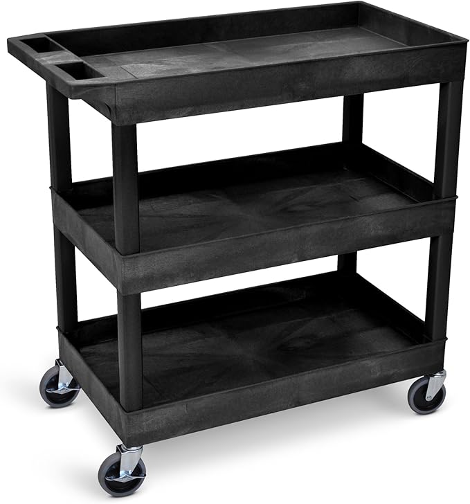 Tubstr 3-Tier Rolling Utility Cart with Wheels | Supports 300 lbs. Total | Heavy-Duty Capacity for Garage Storage, Office Spaces, & Kitchen Use | Durable Tool Cart with Locking Wheels (Black, 32 x 18)