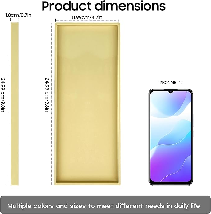 Vanity and Bathroom Tray, 9.8" ABS Countertop Organizer,Waterproof Vanity Tray for Toilet Tank,Perfume,Soap,Keys,Bathroom Accessories,Kitchen and Bath Trays,Non Slip Small Trays,Gold