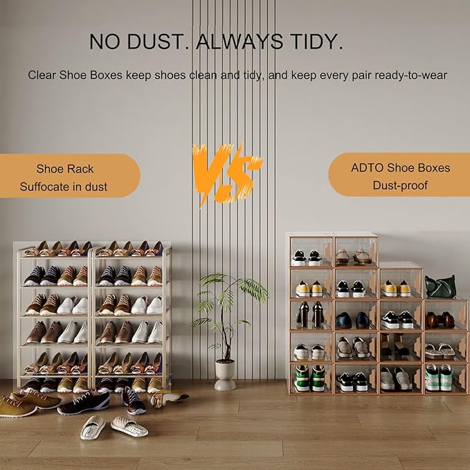 X-Large Stackable Shoe Boxes - Clear Plastic Shoe Storage Boxes with Magnetic Door, Thicken Shoe Organizer for Closet, Space Saving Foldable Shoe Containers Bins for Sneaker Boot - 8 Pack(Brown)