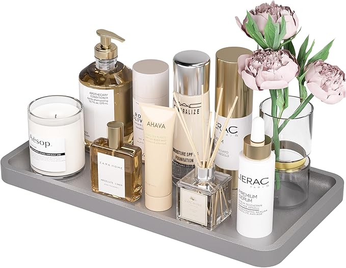 Weenson Bathroom Vanity Tray for Perfume Makeup Jewelry Decor Candle, Bamboo Kitchen Tray for Soap Dispenser Spice, Coffee, Toilet Tank Tray Nightstand Silver 11.81”L x 6.1”W x 0.79”H