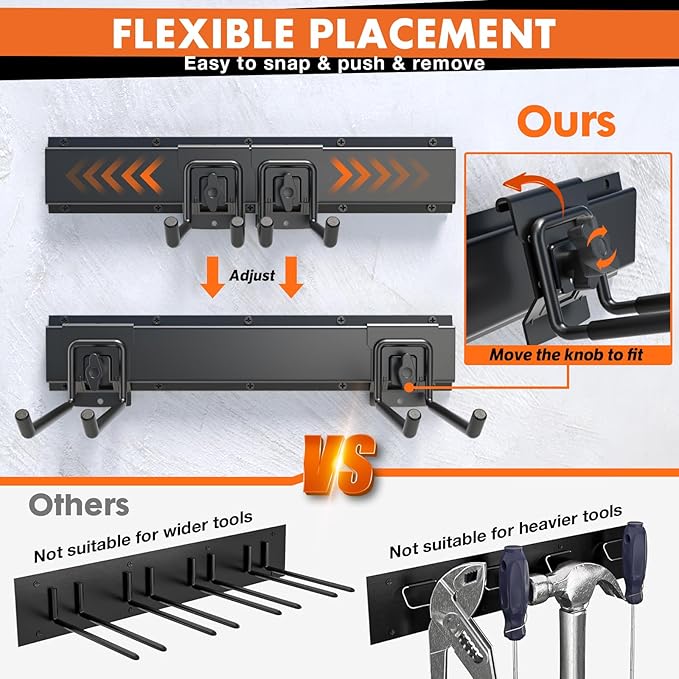 48-Inch Heavy Duty Garage Tool Organizer, Wall Mount Storage System with Adjustable Metal Hooks, 440lbs Capacity, Ideal for Garden Tools, Shovels, Rakes, Brooms, Ladders (48‘’ Metal Hooks)