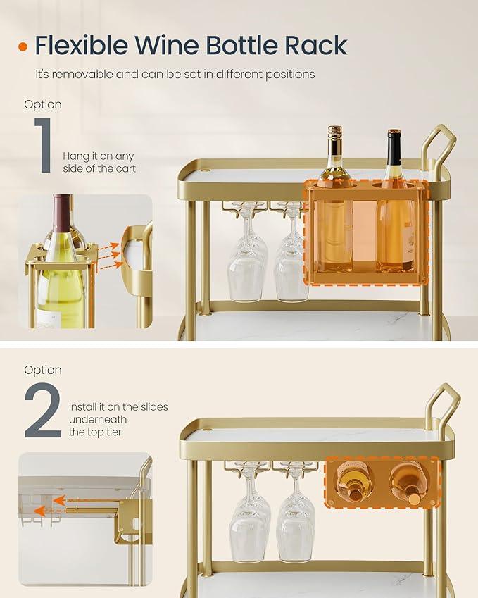 SONGMICS HOME Bar Cart, Home Bar Serving Cart with 3-Tier Shelf, Flexible Wine Bottle Rack and Glass Holder, Drink Beverage Cart, Microwave Cart, Kitchen, Marble White and Pale Gold ULRC291A02