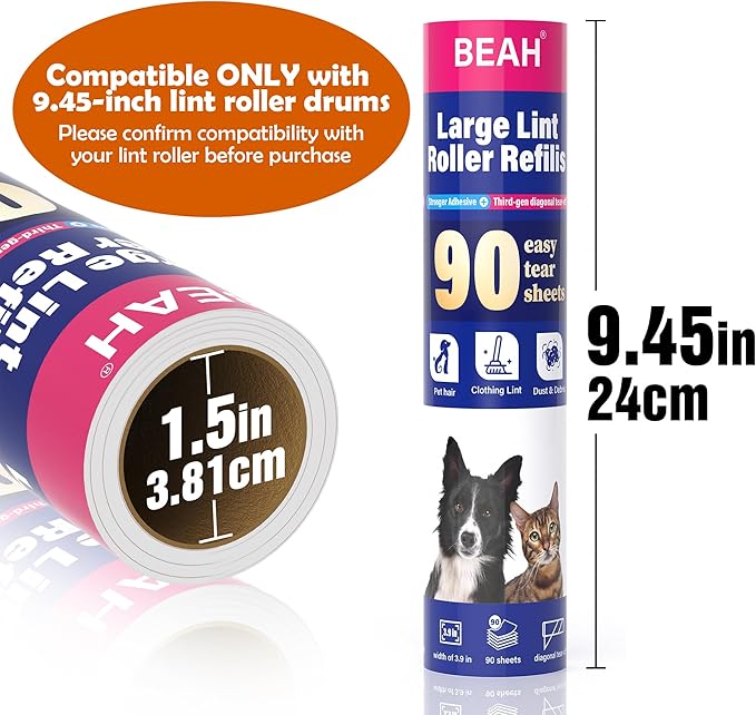 BEAH Lint Roller Refills (5 Packs 450 Sheets) Lint Rollers for Pet Hair Extra Sticky Refills,9.45 Inch Pet Hair Remover,Lint Roller Cleaning for Clothes,Furniture and Carpet,Easy to Tear