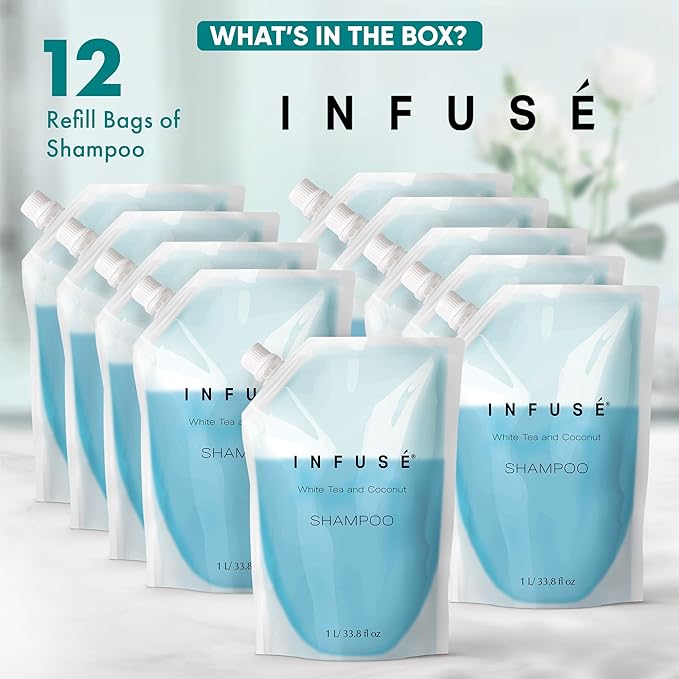 1 Liter Shampoo Refill Bag For Soap Dispensers | Bulk Toiletries for Vacation Rentals, and Home Bathroom Showers | White Tea and Coconut | Set of 12