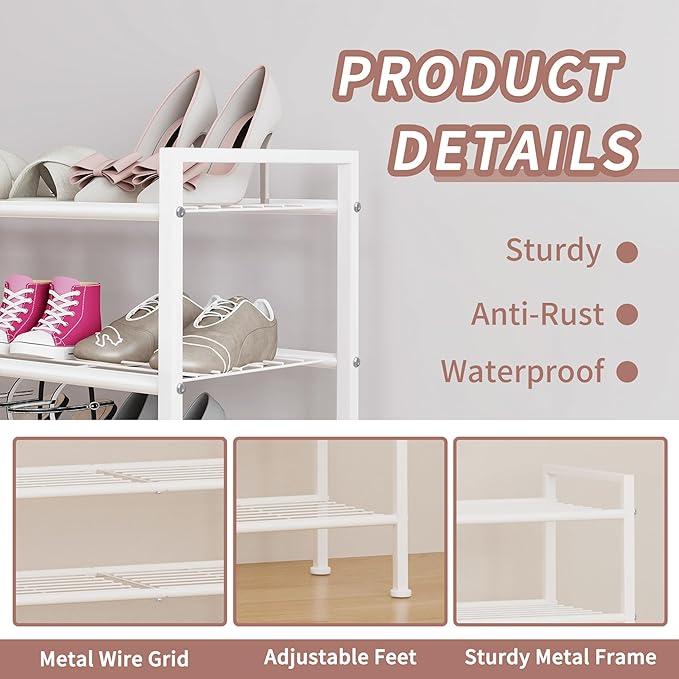 4-Tier Shoe Rack,Metal White Shoe Storage Organizer Shelf for Closet,Entryway,Hallway,Dorm (White, 4 Tier)