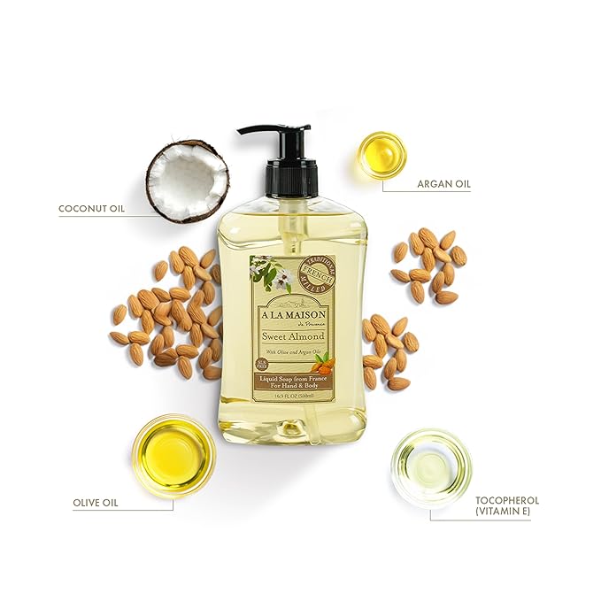 A LA MAISON French Liquid Hand Soap, Almond - Natural Hand Wash Made with Essential Oils - Biodegradable, Plant-Based, Vegan, Cruelty-Free, Alcohol & Paraben Free (16.9 oz, 3 Pack)