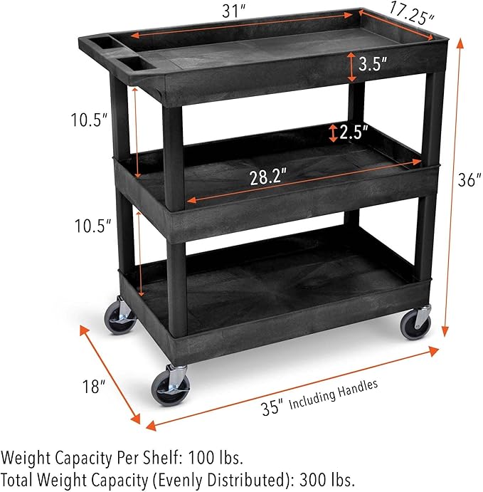 Tubstr 3-Tier Rolling Utility Cart with Wheels | Supports 300 lbs. Total | Heavy-Duty Capacity for Garage Storage, Office Spaces, & Kitchen Use | Durable Tool Cart with Locking Wheels (Black, 32 x 18)