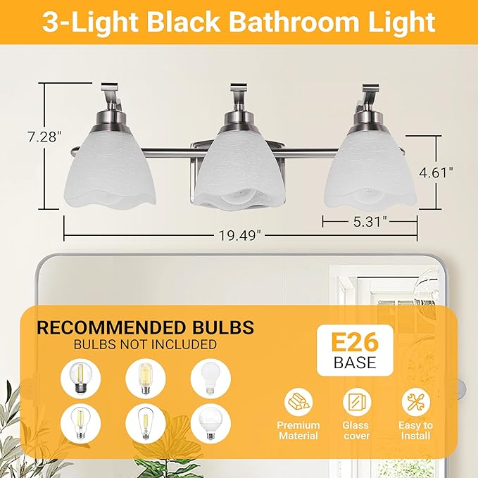 WJShome 19.5" Bathroom Light Fixtures, 3-Light Vanity Lights with Frosted Glass Shades, Brushed Nickel Wall Sconces, for Mirror Bedroom Hallway Cabinet
