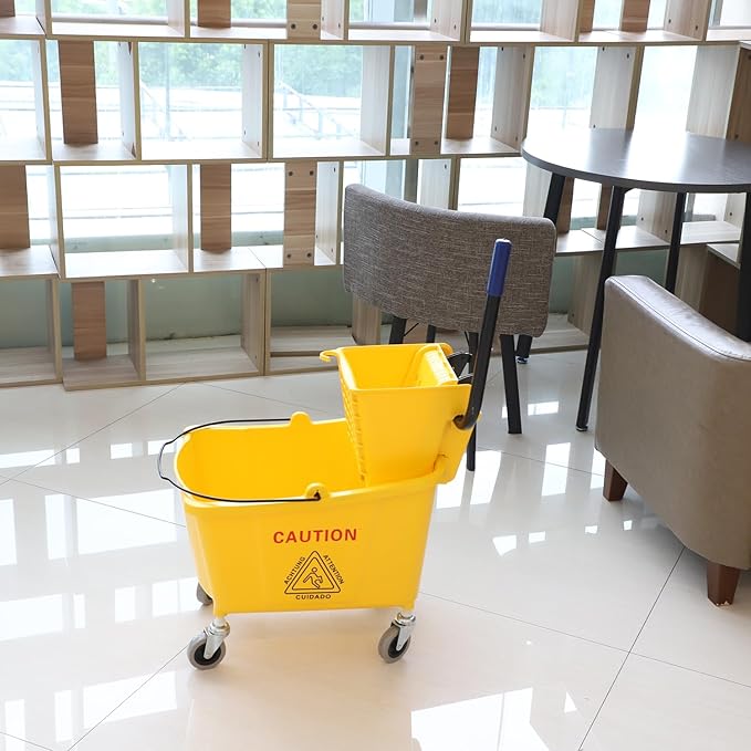 Commercial Mop Bucket with Side Press Wringer on Wheels, 35Qt,Yellow Including One Commercial Mop