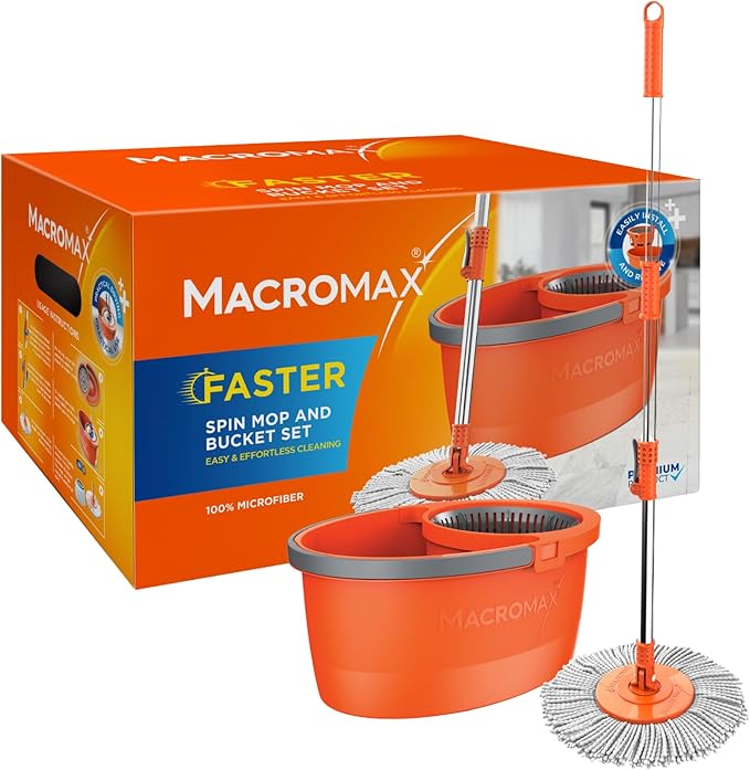 Macromax Faster Spin Mop and Bucket Set with – 360° Rotating Microfiber Mop with Smart Drying System – Adjustable Dampness – Ergonomic Handle – Multi-Surface Floor Cleaning Tool