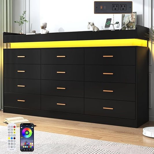 12 Drawer Dresser with Charging Station and LED Lights, Modern Chest of Drawers with Power Outlet, Organizer Cabinet for Bedroom, Living Room, Entryway, Black