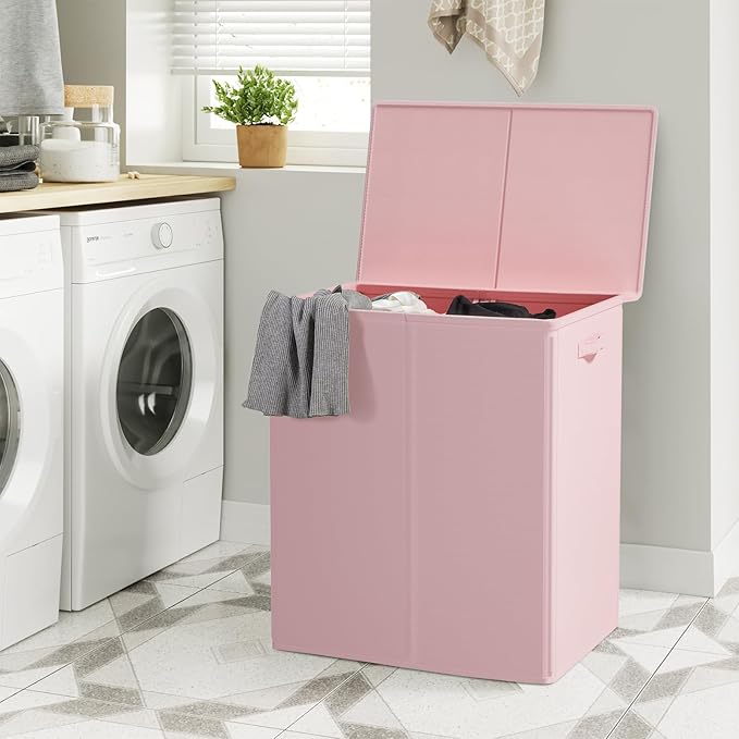 WOWLIVE 154L Double Laundry Hamper with Lid and Removable Laundry Bags, Large Dirty Clothes Hamper 2 section Collapsible Laundry Basket Dorm Room Storage for Bedroom, Bathroom, College,Pink