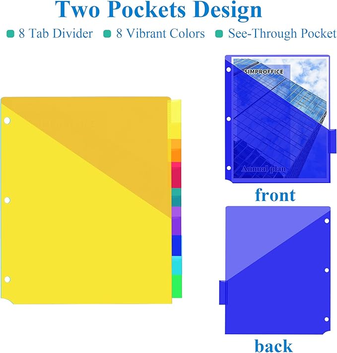 40 Pack Plastic 8-Tab Dividers with 2 Pockets and Insertable Tabs, 3 Ring Binder Dividers for Letter Size, Assorted Colors